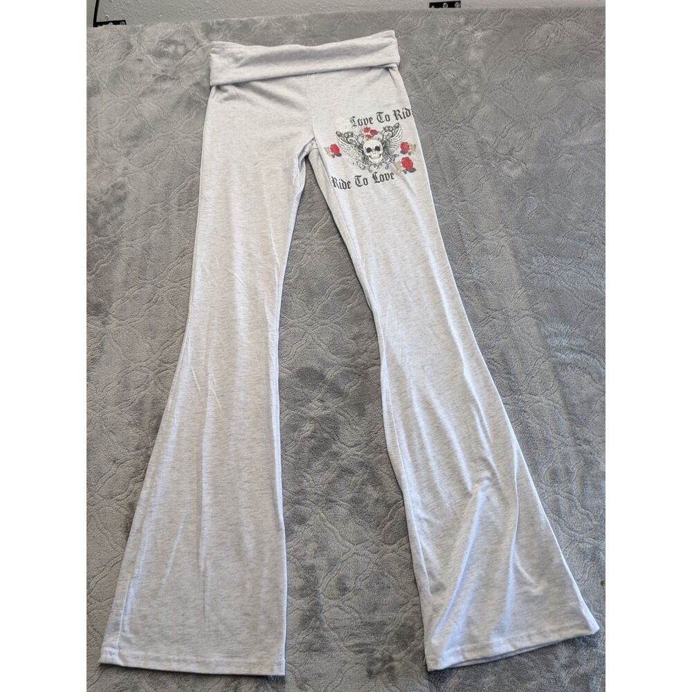 Urban Weekend Y2K Skull Rose Foldover Flare Yoga Pants Gray XS Rhinestone